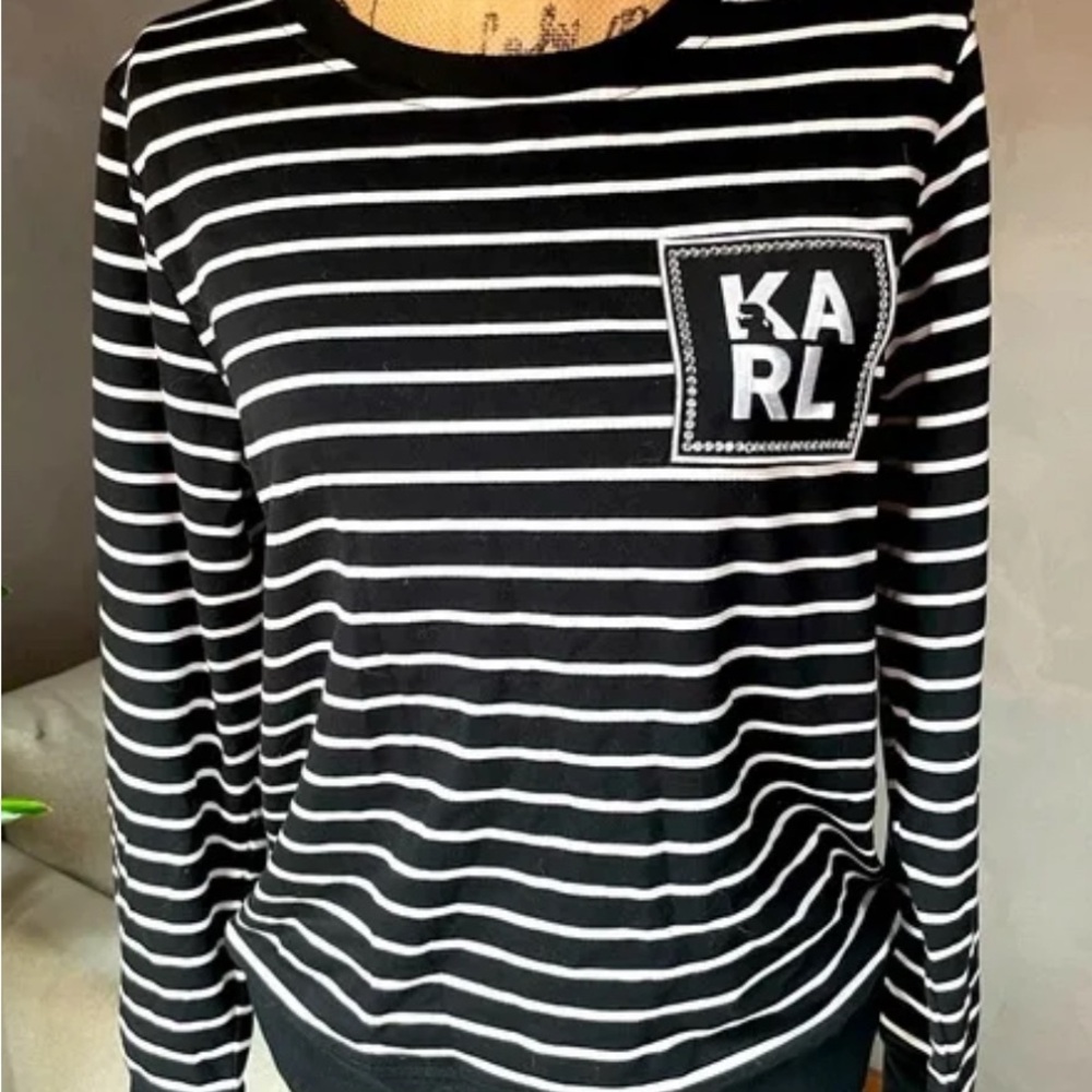 Karl Lagerfeld, Monochrome, Striped Long Sleeve Top, Embroidered & Bling Accents